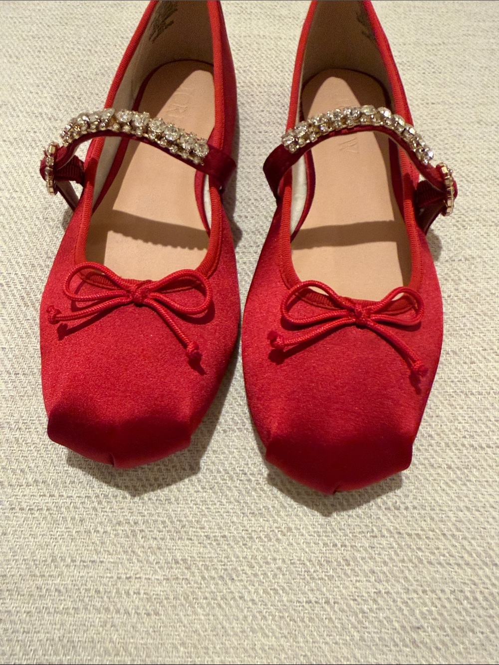 J. Crew Red Satin Mary Jane Flats with Crystal Strap and Bow - size 8.5 - Picture 3 of 10